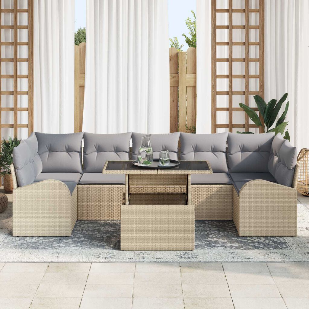 vidaXL Σετ Καναπέ Κήπου με μαξιλάρι 8 pcs Μπεζ Πολυ ράταν