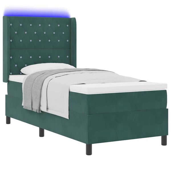 vidaXL Κρεβάτι Box Spring LED με Στρώμα Σκούρο πράσινο 90 x 190 cm