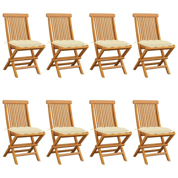 vidaXL Καρέκλες Κήπου 8 τεμ. Μασίφ Ξύλο Teak με Λευκά Κρεμ Μαξιλάρια