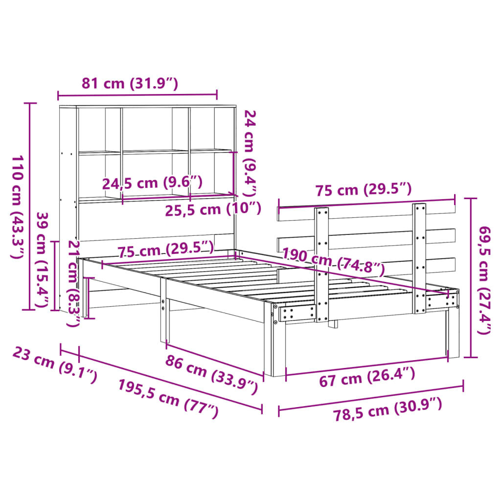 vidaXL Κρεβάτι Βιβλιοθήκη Χωρίς Στρώμα 75x190 εκ Μασίφ Ξύλο Πεύκου