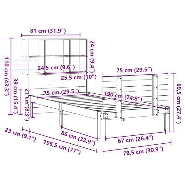 vidaXL Κρεβάτι Βιβλιοθήκη Χωρίς Στρώμα 75x190 εκ Μασίφ Ξύλο Πεύκου