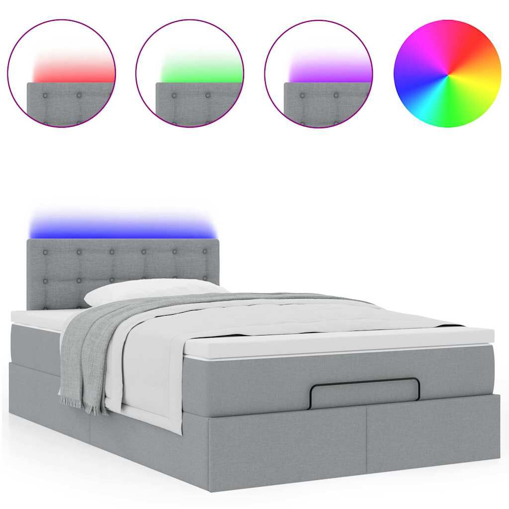 vidaXL Οθωμανικό κρεβάτι με στρώμα & LEDs Ανοιχτό γκρι Ύφασμα
