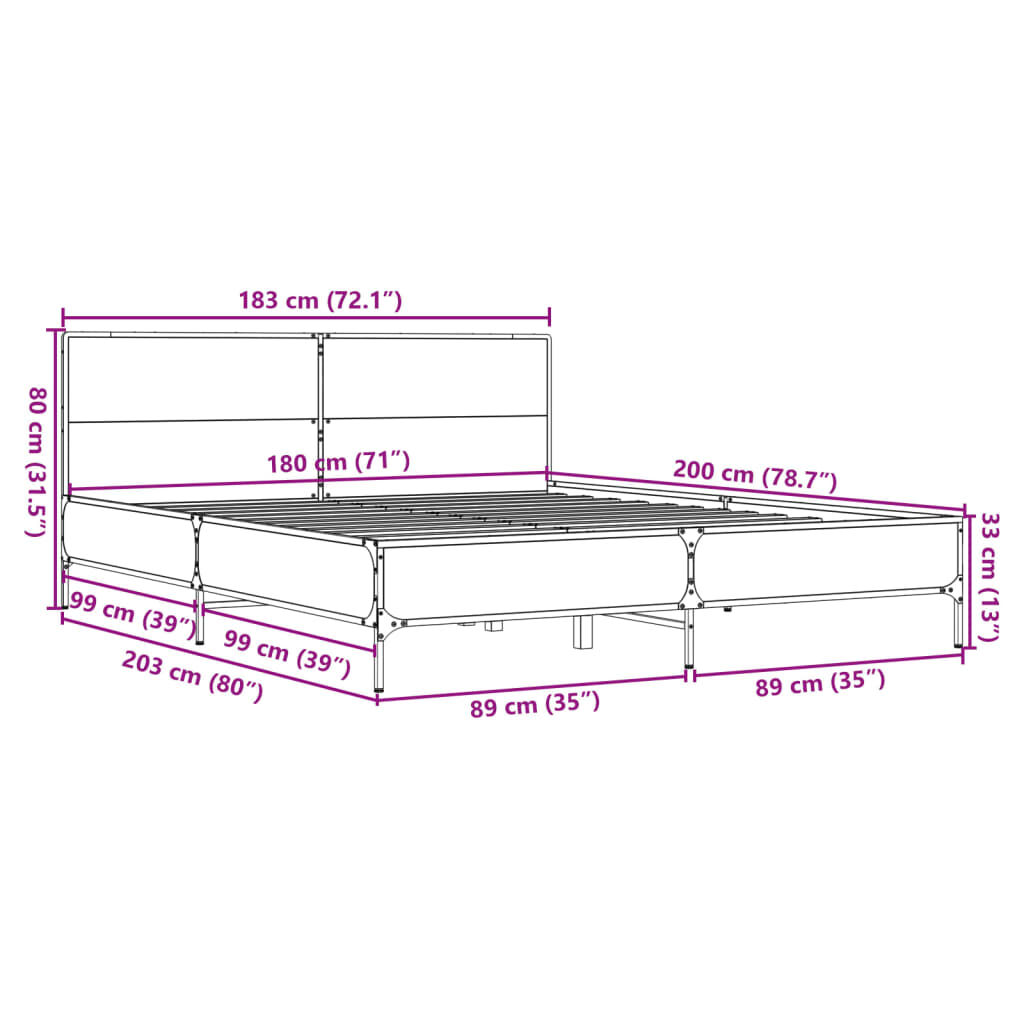 vidaXL Πλαίσιο Κρεβατιού Sonoma Δρυς 180x200 εκ. Επεξ. Ξύλο & Μέταλλο