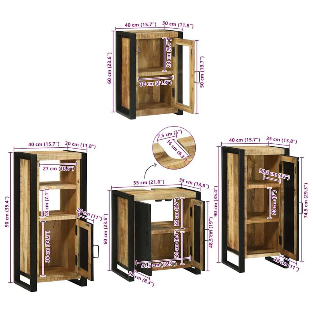 vidaXL Σετ Επίπλων Μπάνιου Επιτοίχιο 4 pcs Καφέ Στερεό ξύλο μάνγκο