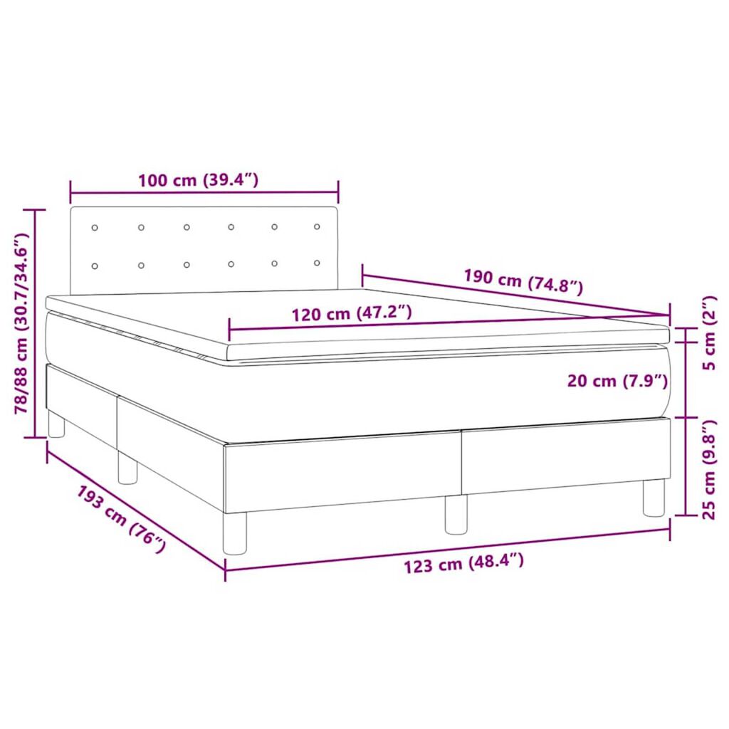 vidaXL Κρεβάτι Boxspring με Στρώμα & LED Γκρι 120x190 εκ. Συνθ. Δέρμα