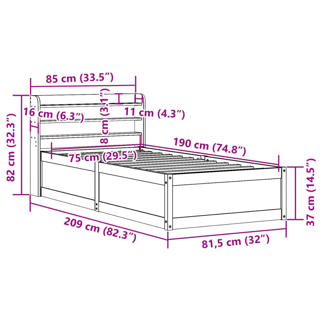 vidaXL Πλαίσιο Κρεβατιού Κεφαλάρι 75x190εκ. Μασίφ Πεύκο