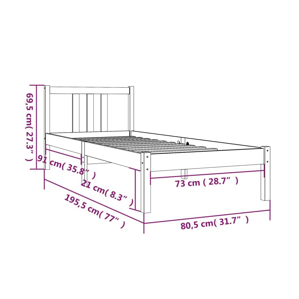 vidaXL Πλαίσιο Κρεβατιού 75 x 190 εκ. από Μασίφ Ξύλο Small Single