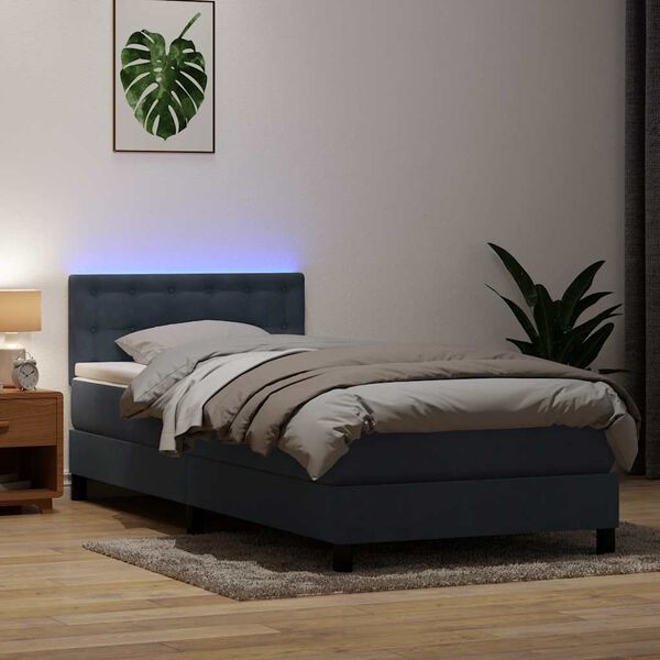 vidaXL Κρεβάτι Boxspring με Στρώμα & LED Σκούρο Γκρι 80x220 εκ. Βελούδινο