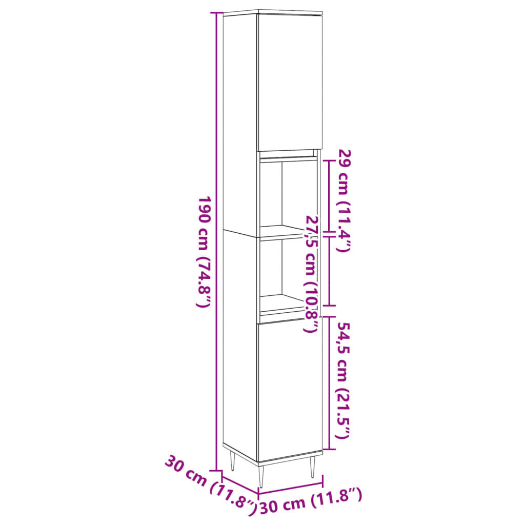 vidaXL Ντουλάπι μπάνιου Παλιό ξύλο 30x30x190 cm Κατασκευασμένο ξύλο