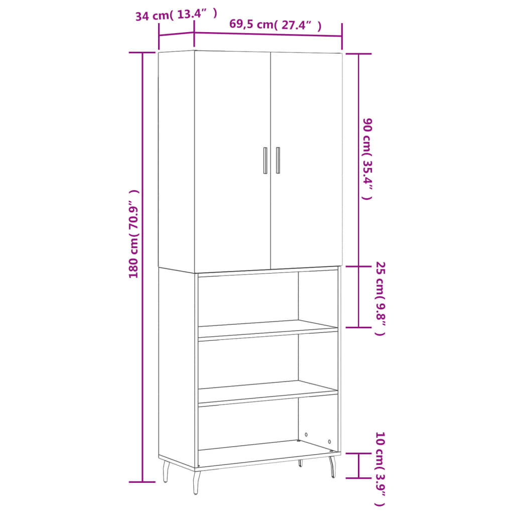 vidaXL Ντουλάπι Γκρι Σκυροδέματος 69,5x34x180 εκ. Επεξεργασμένο Ξύλο