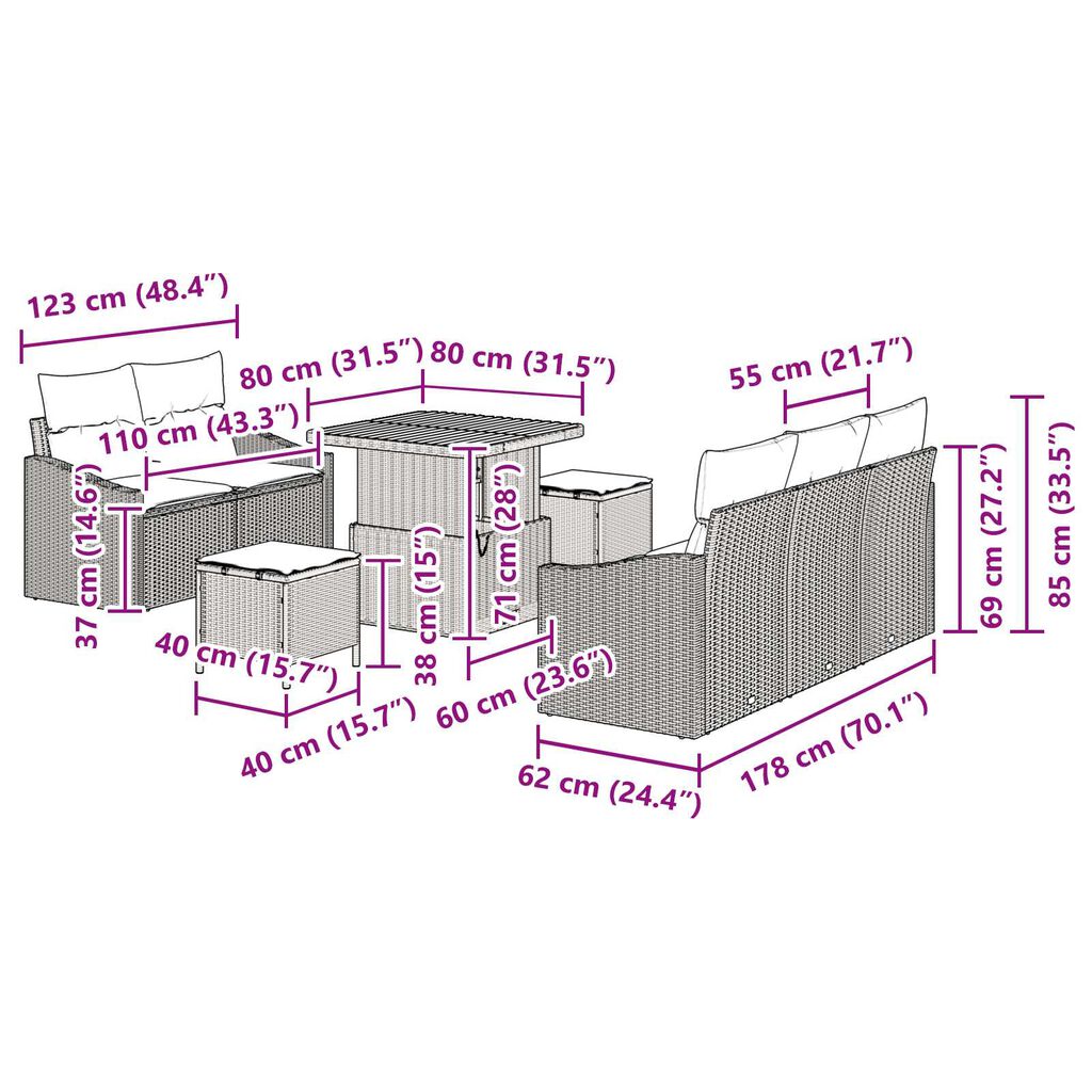 vidaXL Σετ Καναπέ Κήπου με μαξιλάρι 8 pcs Μαύρο 80 x 80 x 71 cm