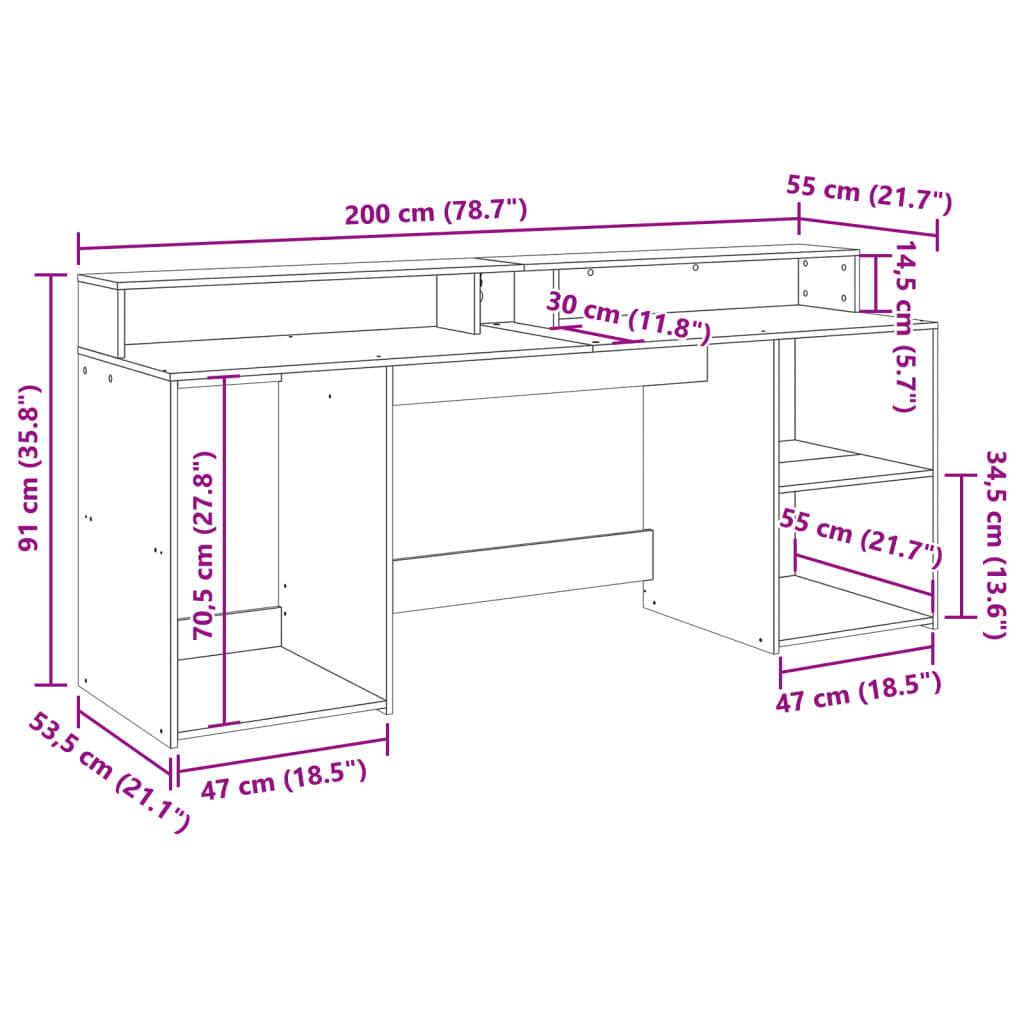 vidaXL Γραφείο με LED Καπνιστή δρυς 200x55x91 εκ. Επεξεργ. Ξύλο