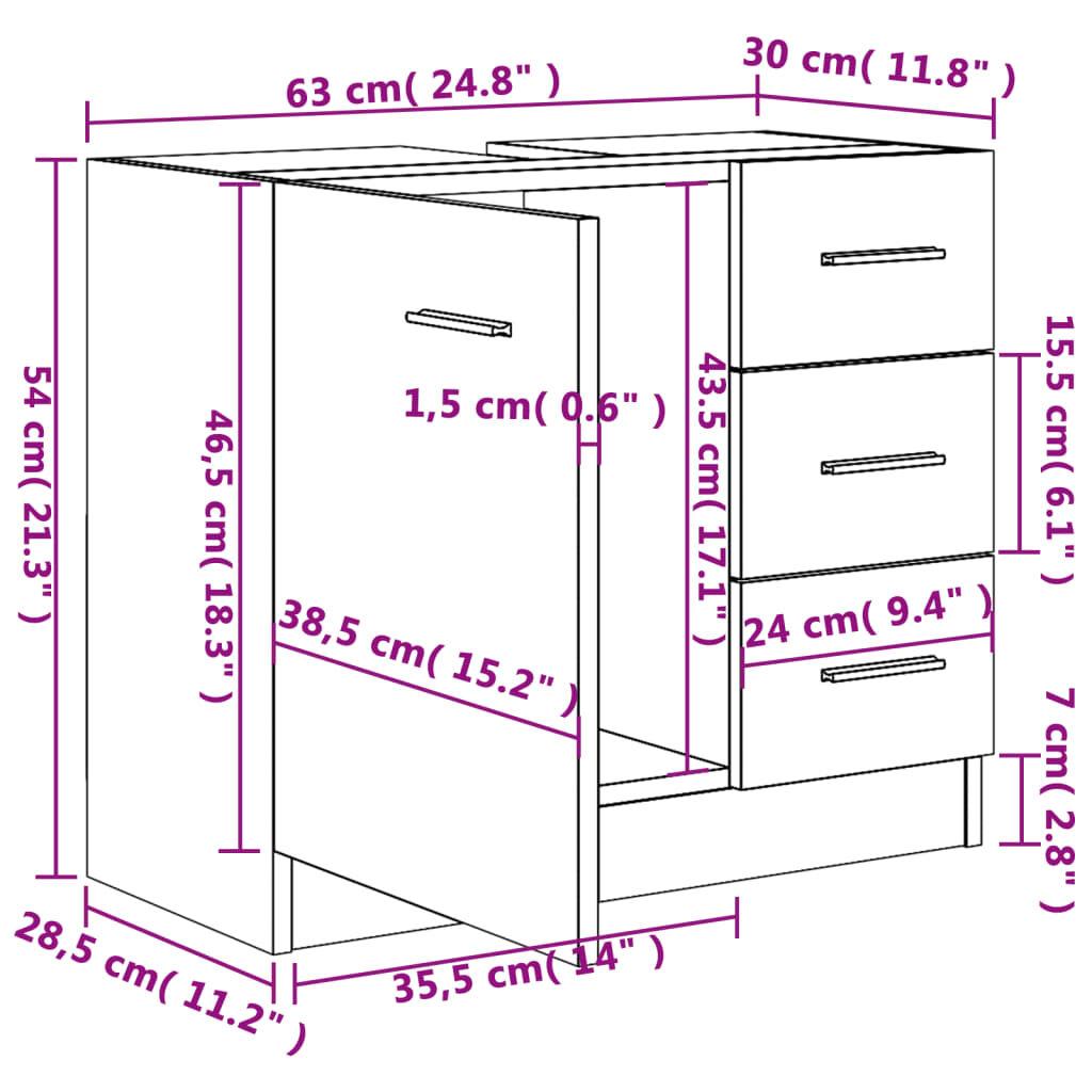 vidaXL Ντουλάπι Νιπτήρα Μαύρο 63x30x54 εκ. Επεξ. Ξύλο