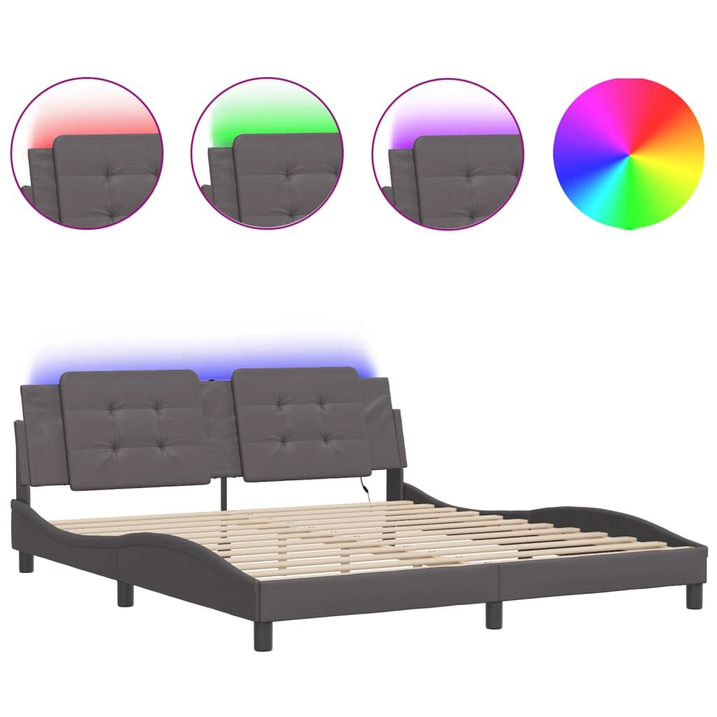 vidaXL Πλαίσιο Κρεβατιού με LED Γκρι 180x200 εκ. Συνθετικό Δέρμα