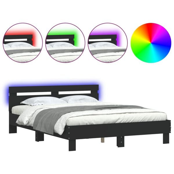 vidaXL Πλαίσιο Κρεβατιού με Κεφαλάρι/LED Μαύρο 150 x 200 εκ