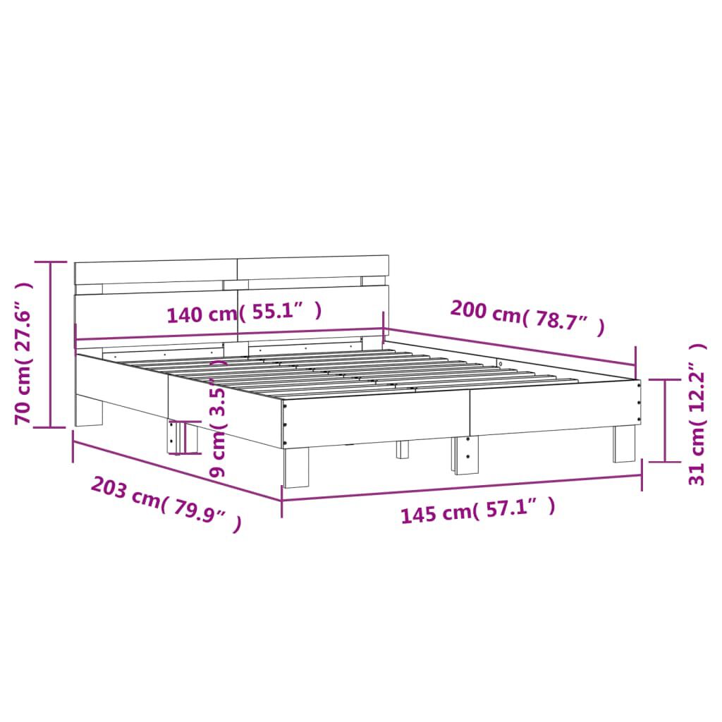 vidaXL Πλαίσιο Κρεβατιού με Κεφαλάρι/LED Γκρι Sonoma 140x200 εκ.