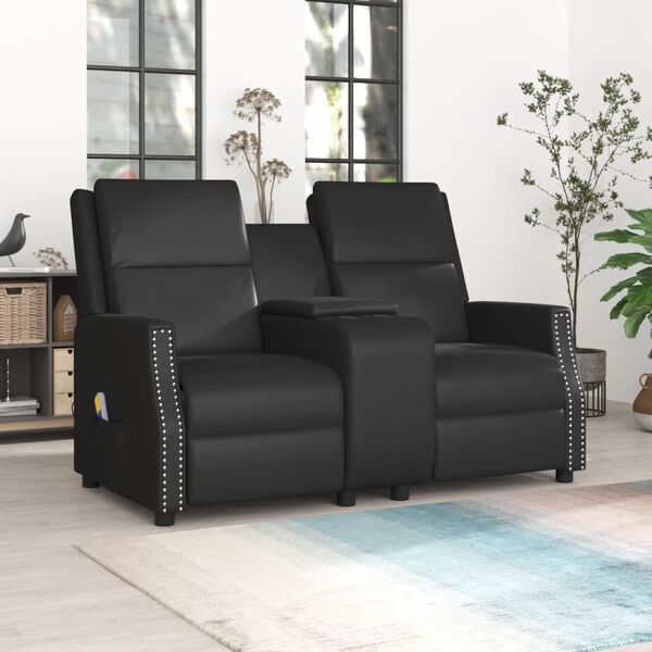 vidaXL Πολυθρόνα Μασάζ Διθέσια με Ποτηροθήκη Ανακλ. Μαύρη Συνθ. Δέρμα