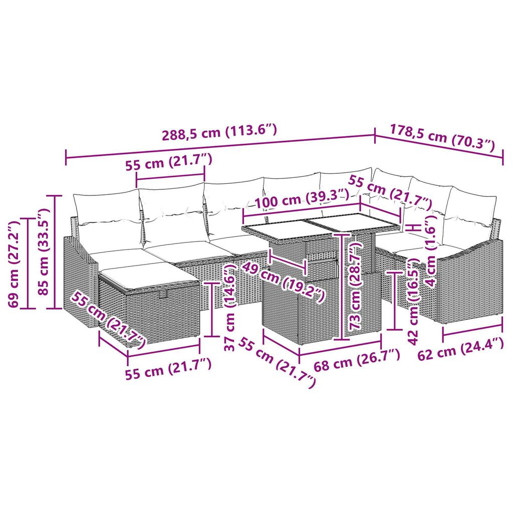 vidaXL Σετ Καναπέ Κήπου με μαξιλάρι 9 pcs Μπεζ Πολυ ράταν