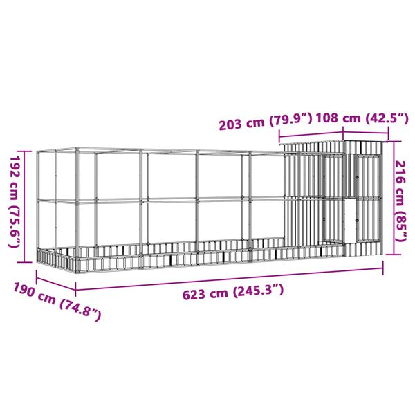 vidaXL Κλουβί με Επέκταση Ασημένιο 623x203x216 εκ. Ατσάλινο