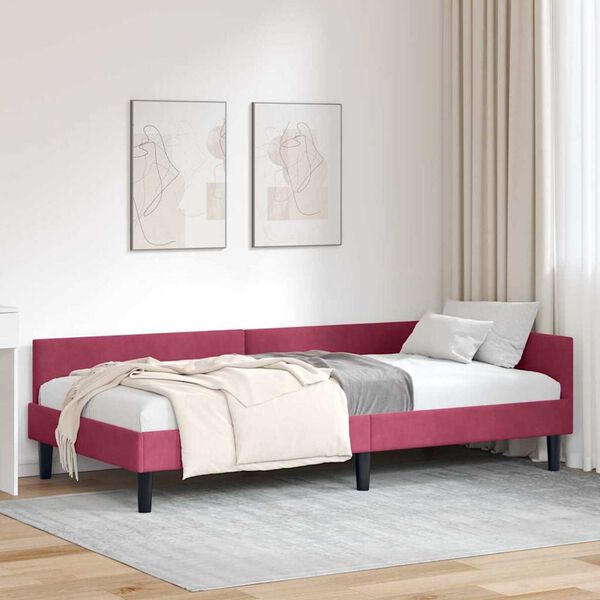 vidaXL Πλαϊνό Κρεβάτι Μπορντό 90 x 190 cm Βελούδο και Στιβαρή ξυλεία