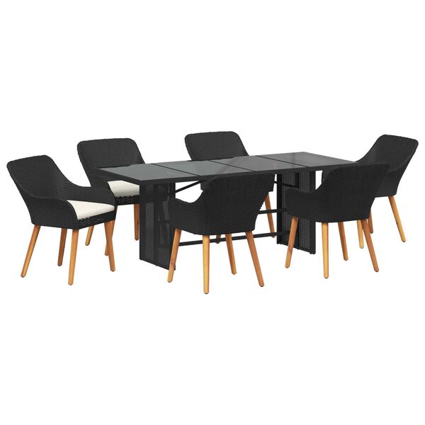 vidaXL Σέτ φαγητού για κήπο με μαξιλάρι 7 pcs Μαύρο συνθετικό ρατάν