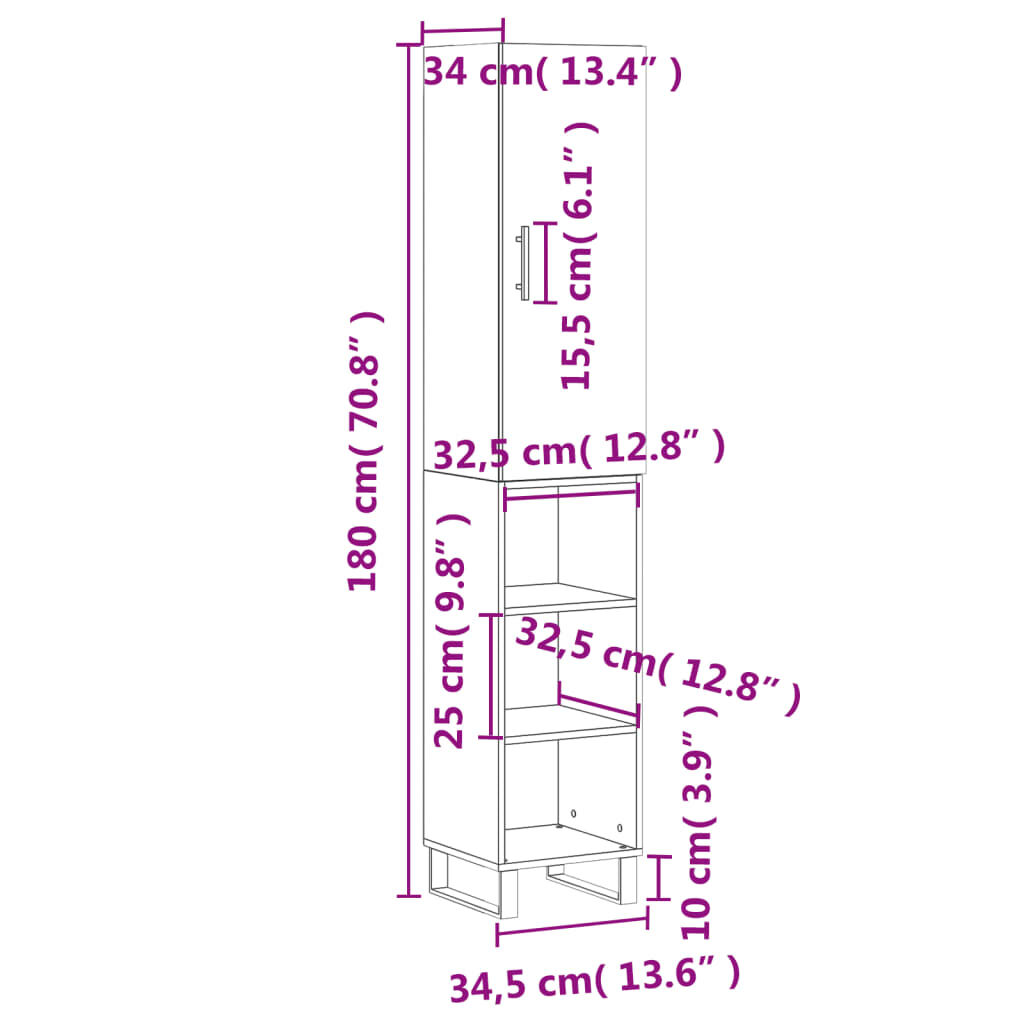 vidaXL Ντουλάπι Γυαλ. Λευκό 34,5 x 34 x 180 εκ. από Επεξεργασμένο Ξύλο