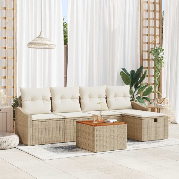 vidaXL Σετ Καναπέ Κήπου με μαξιλάρι 6 pcs Μπεζ Πολυ ράταν