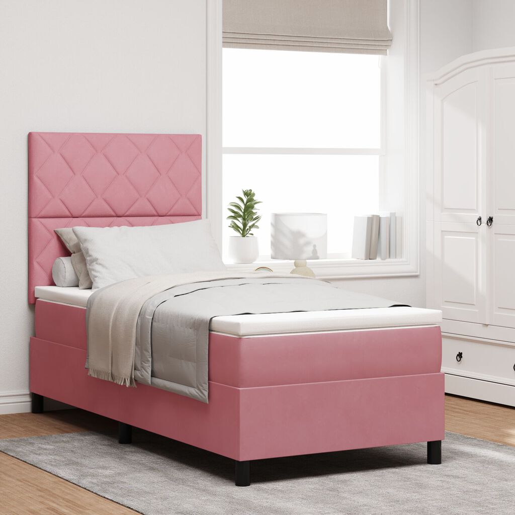 vidaXL Κρεβάτι Box Spring με Στρώμα & LED Ροζ 90x190 εκ. Βελούδου