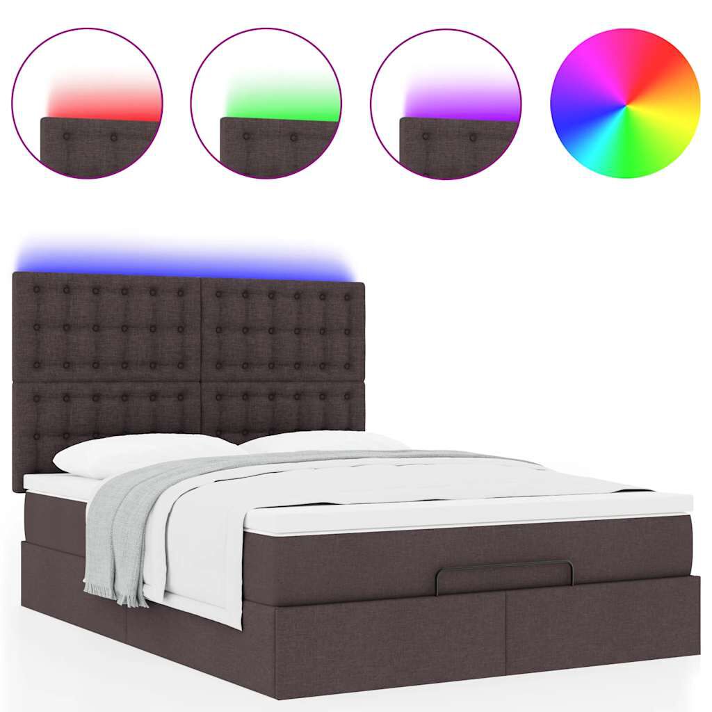 vidaXL Οθωμανικό κρεβάτι με στρώμα & LEDs Σκούρο καφέ 140x200cm ύφασμα