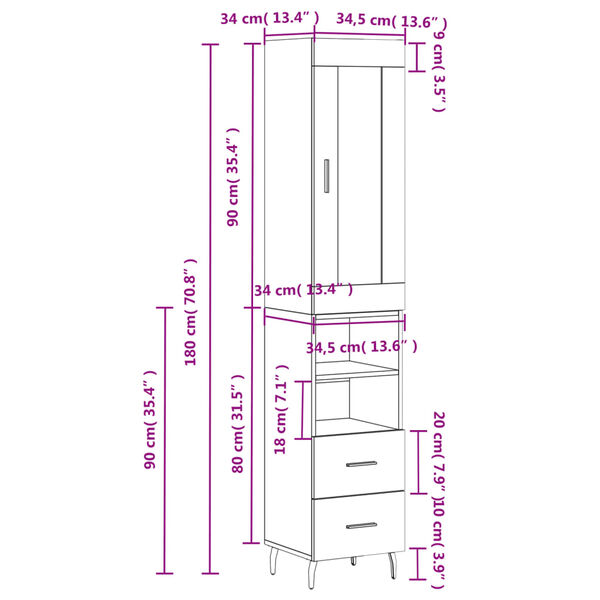 vidaXL Μπουφές Sonoma Γκρι 34,5 x 34 x 180 εκ. από Επεξεργασμένο Ξύλο