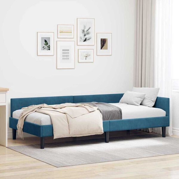 vidaXL Πλαϊνό Κρεβάτι Μπλε 90 x 200 cm Βελούδο και Στιβαρή ξυλεία