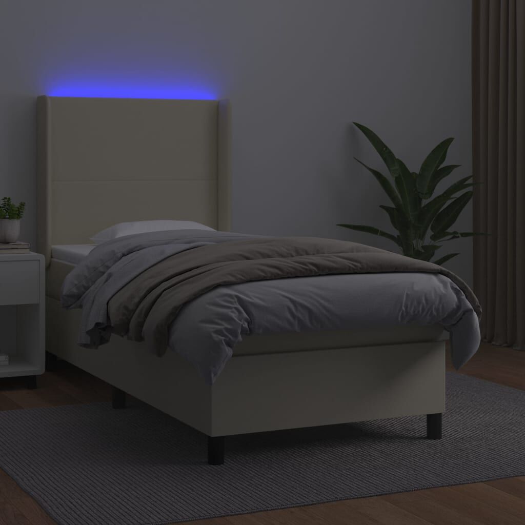 vidaXL Κρεβάτι Boxspring με Στρώμα & LED Κρεμ 90x200 εκ. Συνθ. Δέρμα