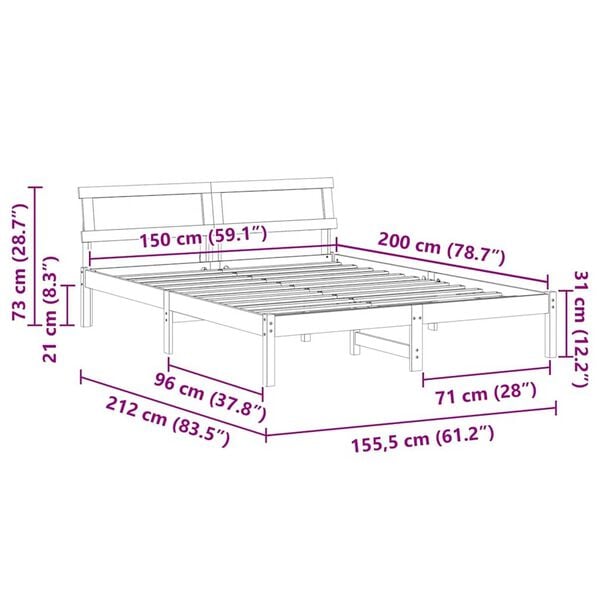 vidaXL Σκελετός Κρεβατιού Καφέ 150 x 200 cm Μασίφ ξύλο πεύκου