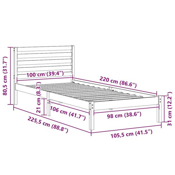 vidaXL Σκελετός Κρεβατιού Καφέ κεριού 100 x 220 cm Μασίφ ξύλο πεύκου