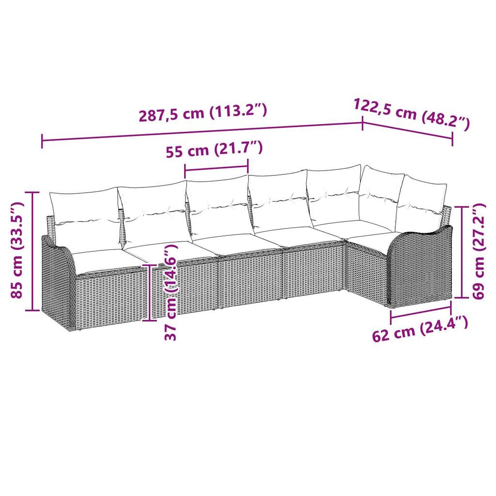vidaXL Σετ Καναπέ Κήπου με μαξιλάρι 6 pcs Ανοιχτό γκρι Πολυ ράταν