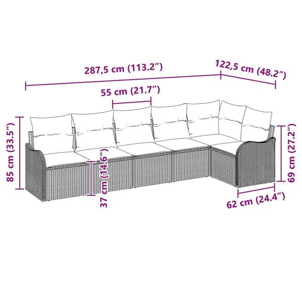 vidaXL Σετ Καναπέ Κήπου με μαξιλάρι 6 pcs Ανοιχτό γκρι Πολυ ράταν