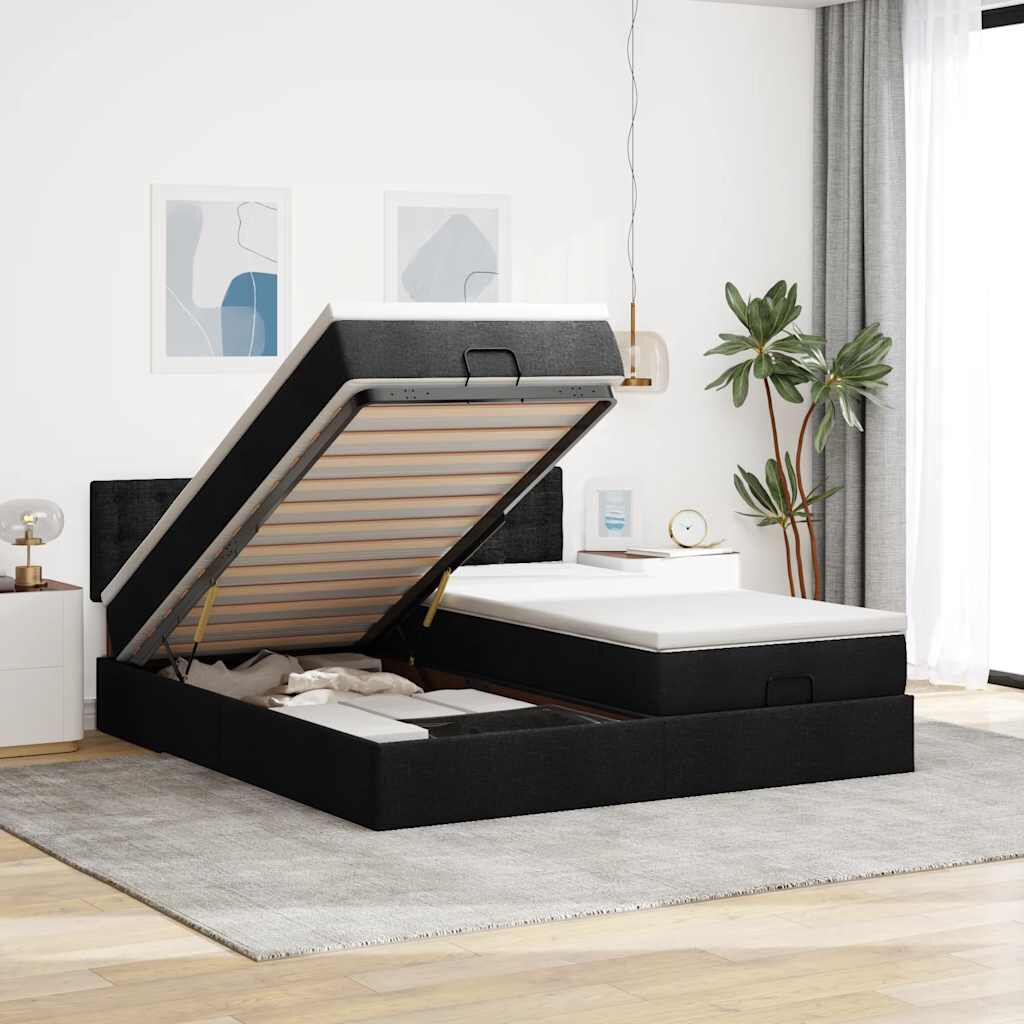 vidaXL Οθωμανικό Κρεβάτι με Στρώματα Μαύρο 200x200cm Ύφασμα