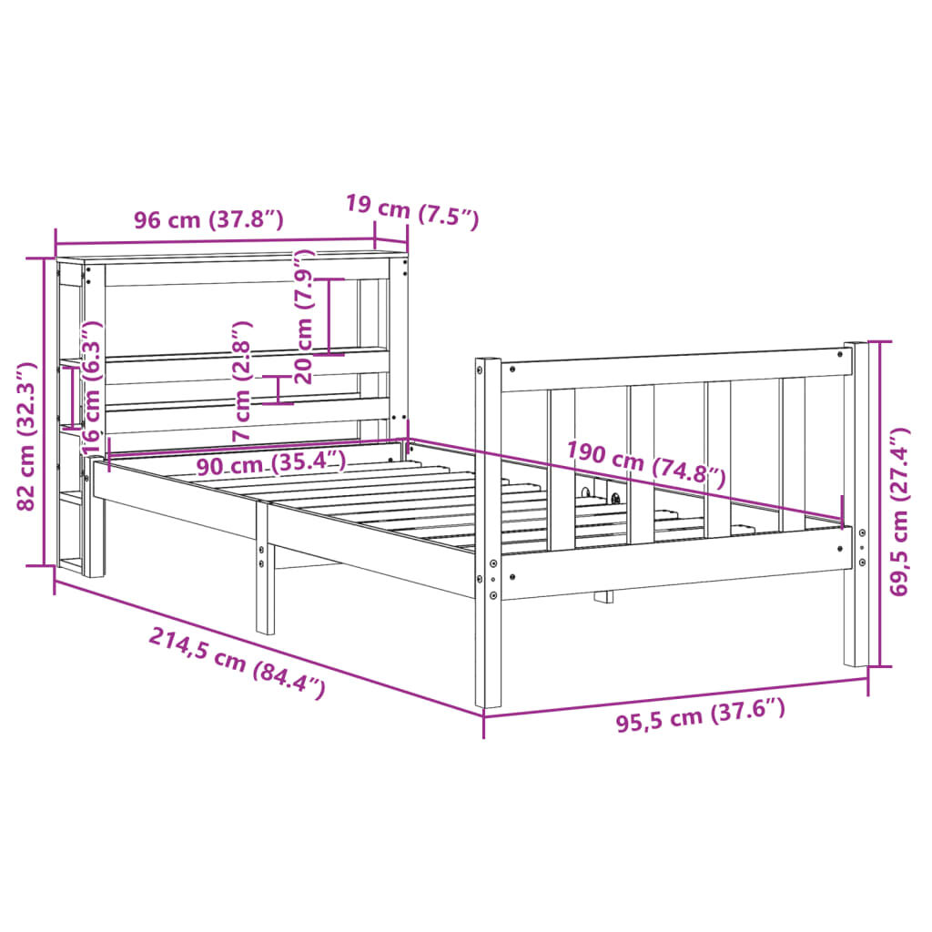 vidaXL Πλαίσιο Κρεβατιού Κεφαλάρι Καφέ Κεριού 90x190 εκ. Μασίφ Πεύκο