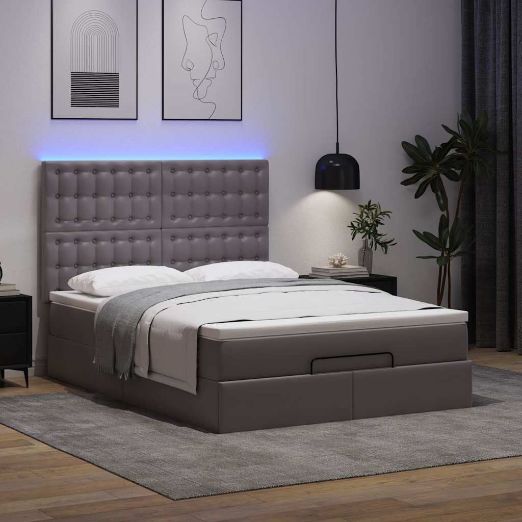 vidaXL Οθωμανικό κρεβάτι με στρώμα & LEDs Γκρί Συνθετικό δέρμα
