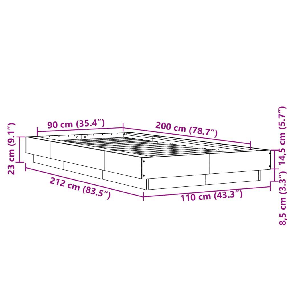 vidaXL Πλαίσιο Κρεβατιού με LED Καπνιστή Δρυς 90x200 εκ. Επεξεργ. Ξύλο