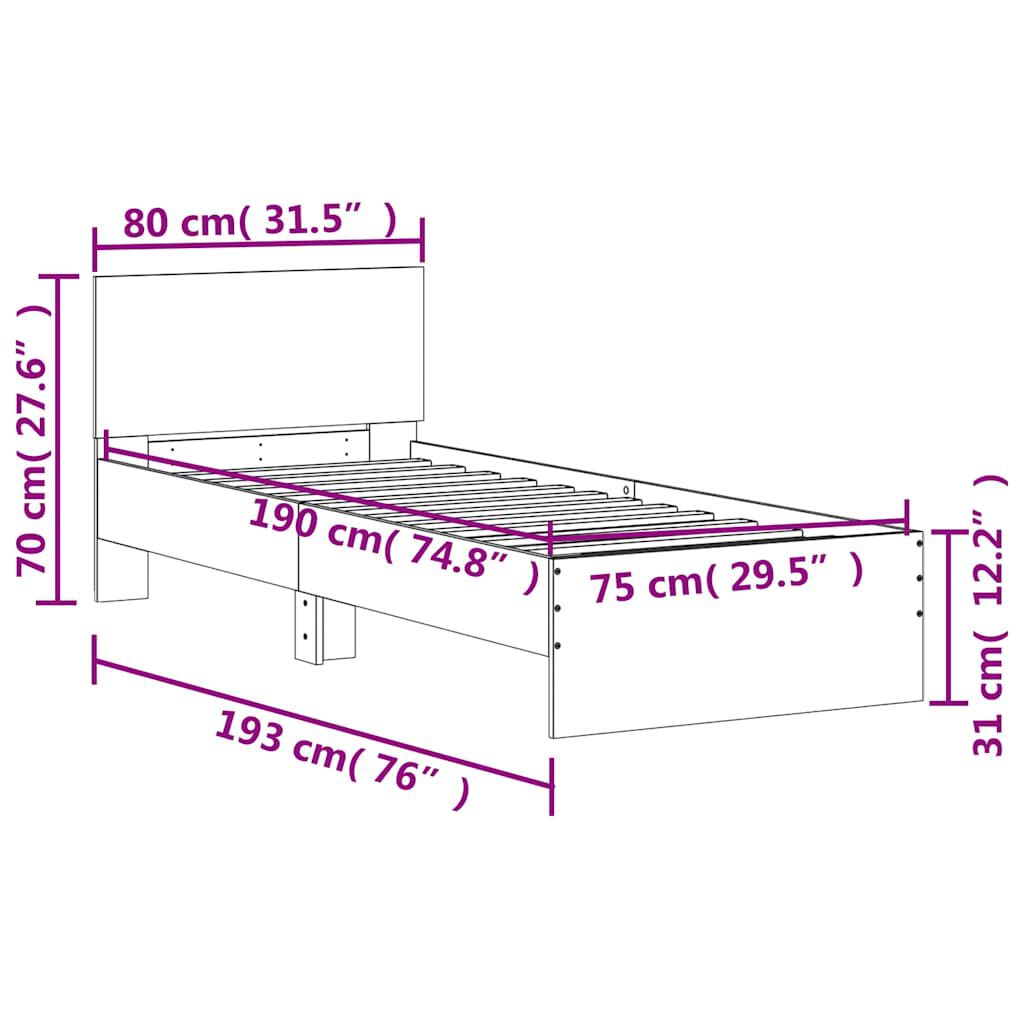 vidaXL Πλαίσιο Κρεβατιού με Κεφαλάρι Sonoma Δρυς 75x190 εκ. Επεξ. Ξύλο