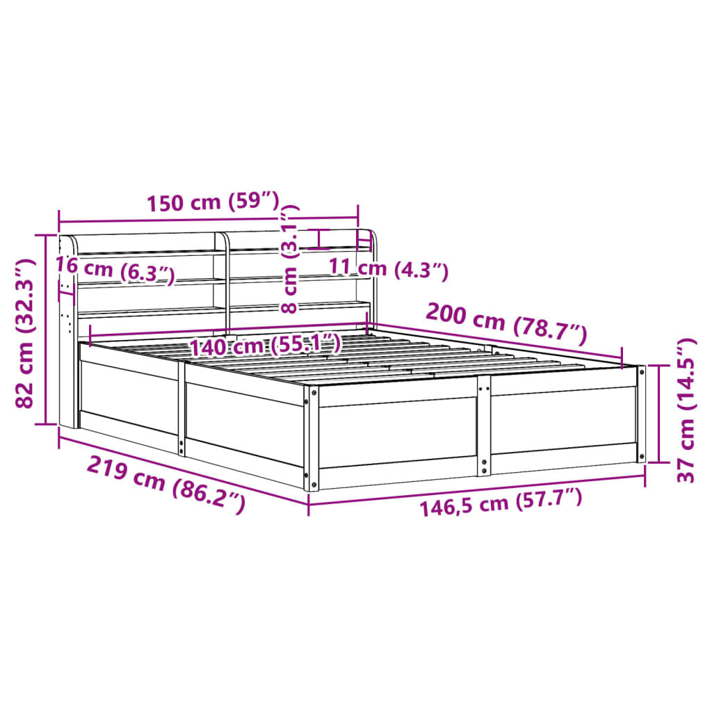 vidaXL Πλαίσιο Κρεβατιού με Κεφαλάρι Λευκό 140x200 εκ. από Μασίφ Πεύκο