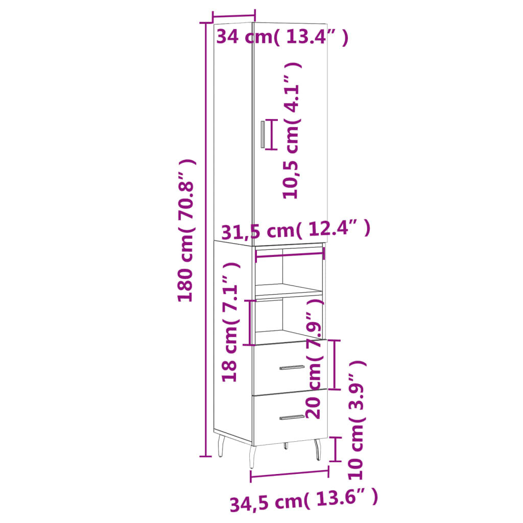 vidaXL Ντουλάπι Λευκό 34,5 x 34 x 180 εκ. από Επεξεργασμένο Ξύλο