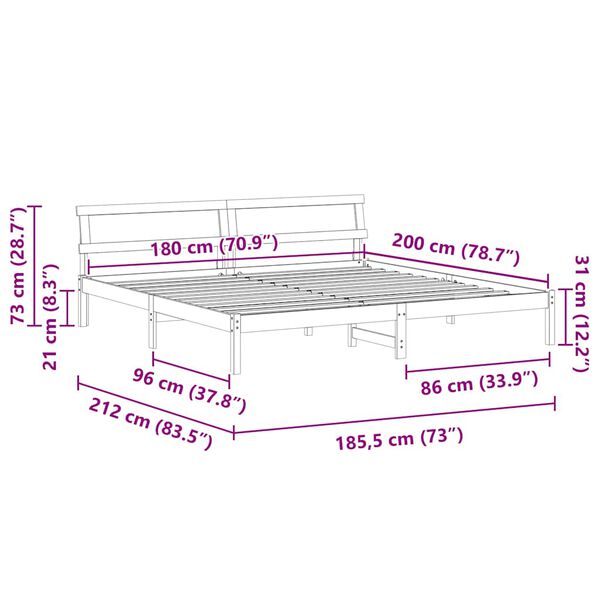vidaXL Σκελετός Κρεβατιού Καφέ 180 x 200 cm Μασίφ ξύλο πεύκου