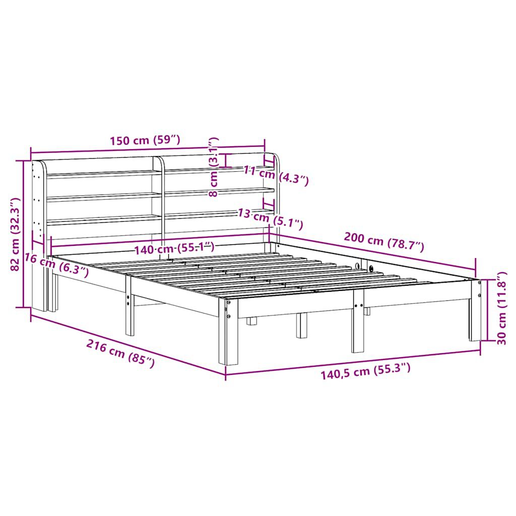 vidaXL Σκελετός Κρεβατιού Χωρίς Στρώμα Καφέ 140x200 Μασίφ Ξύλο Πεύκου