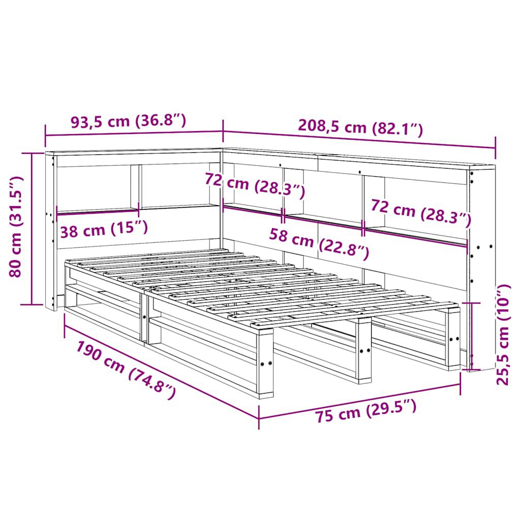 vidaXL Κρεβάτι Βιβλιοθήκη Χωρίς Στρώμα Λευκό 75x190 εκ Μασίφ Πεύκο