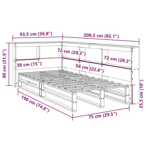 vidaXL Κρεβάτι Βιβλιοθήκη Χωρίς Στρώμα Λευκό 75x190 εκ Μασίφ Πεύκο