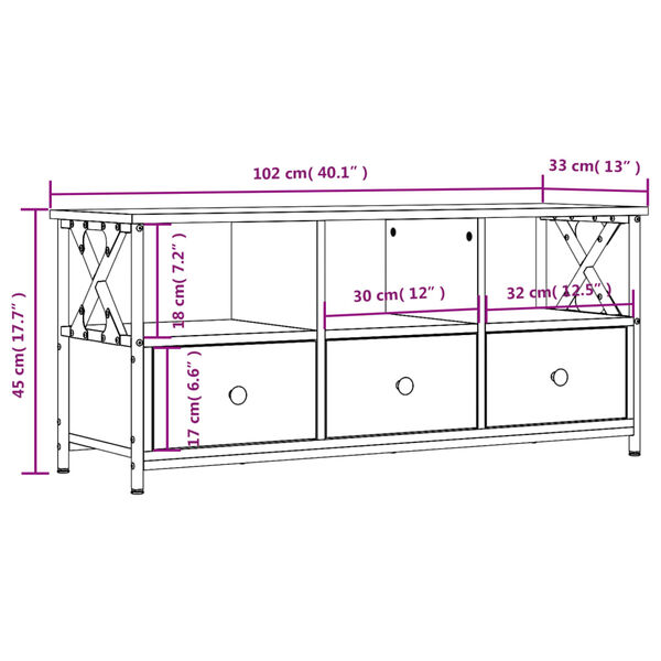 vidaXL Έπιπλο Τηλεόρασης Sonoma Δρυς 102x33x45 εκ. Επεξ. Ξύλο/Σίδερο