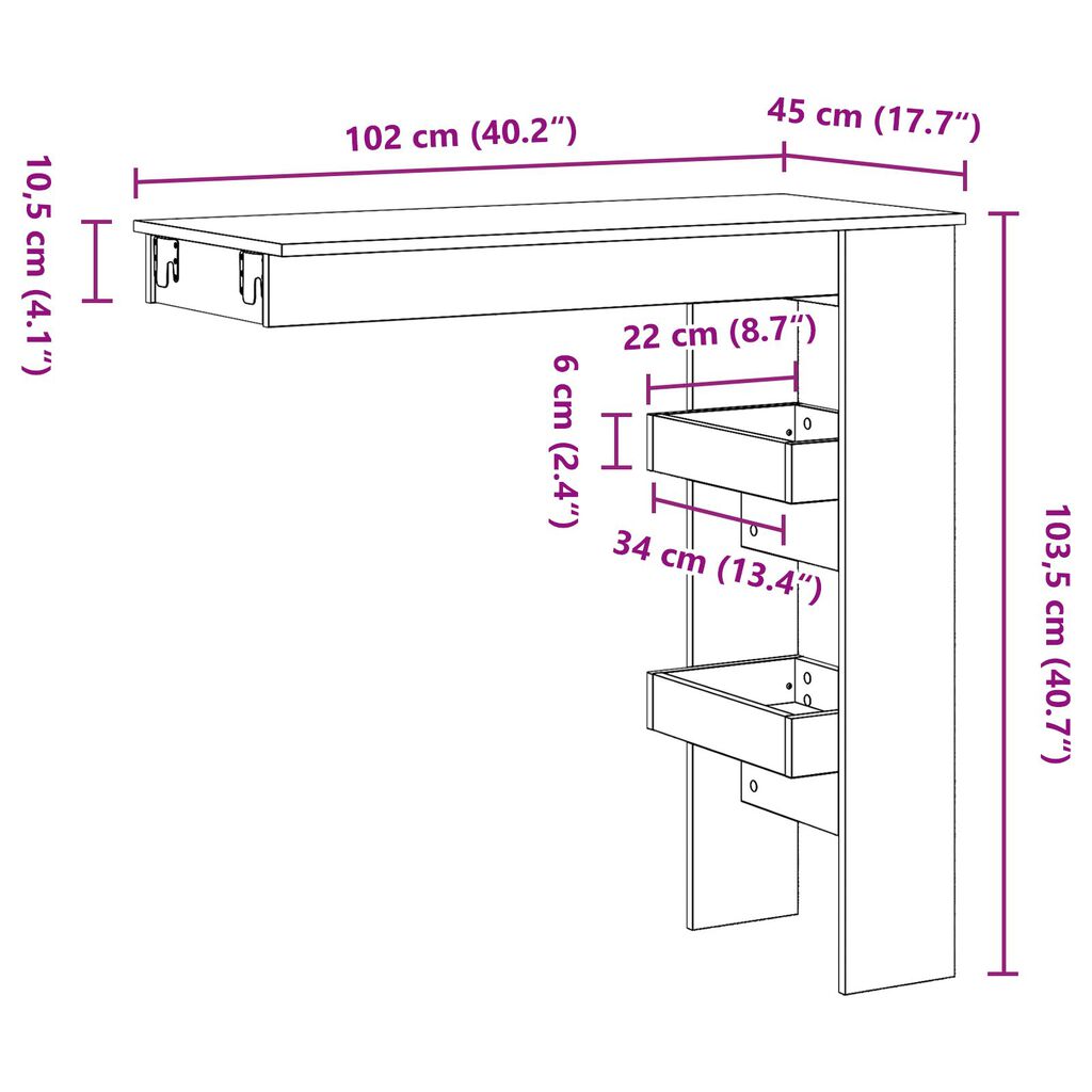 vidaXL Τραπέζι Μπαρ Τοίχου - Μαύρη Δρύς - 102x55x103.5 εκ. - Φτιαγμένο από Επεξεργασμένο Ξύλο