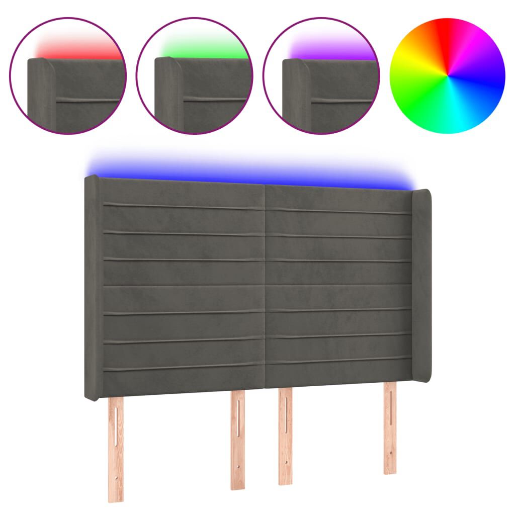 vidaXL Κεφαλάρι Κρεβατιού LED Σκούρο Γκρι 147x16x118/128εκ. Βελούδινο